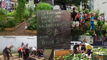 Affichette : quatre photos et, au centre, un tableau avec info écrite à la craie. Jardins verts, des gens, dont des enfants, travaillant dans des jardins le long des rues.