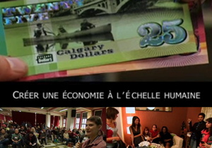 Trois images tirées de la bande-annonce : un dollars « Calgary Dollars ». Le billet est décoré avec une photo de trois personnes en canot. Photo de Maude devant une salle pleine de gens, visiblement une salle communautaire et une foule populaire. Photo de huit jeunes femmes, dans un salon, où elles ont échangé des vêtements (trocs).