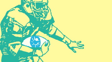 Image : dessin d'un joueur de football américain, vert sur fond jaune pâle. Sauf que son ballon est un oeil.