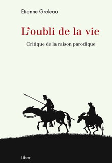 Page couverture du livre : ombres noires de l'Ingénieux Hidalgo Don Quichotte de la Manche, sur son cheval avec une lance, suivi de Sancho Panza sur un âne. - Liber