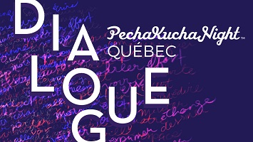 Affichette mauve : les lettres du mot dialogue sont placées presque dans le désordre, au-dessus d'un nuage de mots écrits de style manuscrits.