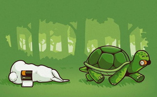 Sur fond d'une forêt verte et dense, une tortue comique marche, un regard vers l'arrière où git le corps d'un lapin. Le dos du lapin est ouvert et révèle deux piles Duracell. C'est un clin d'oeil sur Energizer Bunny de leurs célèbres publicités.