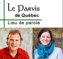 Logo Le Parvis de Québec - Lieu de parole. Deux lignes vertes se croisent en bas à gauche.  Portrait des deux personnes invitées.  L'homme a les cheveux brun-blond, chemise rouge, sourit. La femme a les cheveux brun attachés, souriante, dans la nature, foulard bleu.