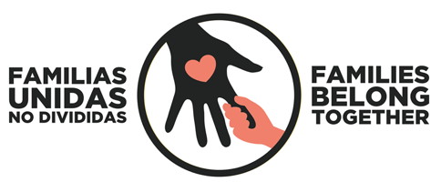 Bannière web officielle : une petite main rosée agrippe le doigt d'une main noire tendue: un coeur sur la main. « Familias unidas No dividas. Families Belong Together ».