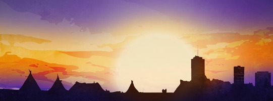 Bannière artistique pour l'événement (aucun texte) : horizon où le soleil, très grand, se couche.  Le ciel est mauve ou violet, les nuances oranges et jaunes. En ombres toutes noires, des tipis à gauche et des gratte-ciels à droite, dont le Complexe G de Québec.