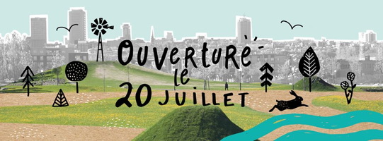 Bannière web : paysage vert simple, avec petits dessins noirs d'arbres, moulin à vent, un lièvre court. Sur fond d'ombre grise du paysage de la ville de Québec.