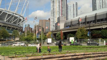 Photo : à Vancouver, trois personnes, dont un enfant, cultivent un jardin entouré d'immeubles de la ville.