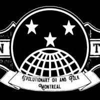 Logo de l'IWW, soit trois étoiles au-dessus d'un globe terrestre, mais avec l'ajout des mots « Révolutionary Oi! and Folk - Montréal ».