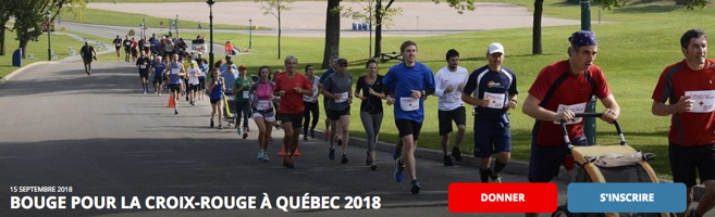 Bannière : environ 40 à 50 personnes font du jogging en groupe, sur une rue des Plaine d'Abraham. Au devant, deux hommes portant les coueurs de la Croix-Rouge avec une poussette (bébé) pour la course. Les gens ont l'air contents. Boutons « Donner » et « S'inscrire ».