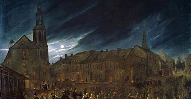 Peinture de Québec le soir : les gens sont sur la rue et le ciel est sombre et inquiétant.