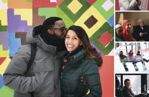 Photo : un jeune adulte à la peau brune foncée, cheveux frisés courts, embrasse la joue d'une jeune femme au visage latin ou arabe. Manteaux d'hiver et mosaïque multicolore derrière. Quatre autres photos miniatures.