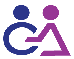 Logo : lettre O en bleu marin et A violet, mais montée d'une tête chacune, représentée par un simple cercle plein.