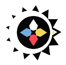 Logo du Cercle Kisis : quatre pointes (points cardinaux) : blanche, jaune, rouge, bleu. Autour, un cercle de petites pointes noires, comme une icône du Soleil.