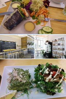 Quatre photos au restaurant : plat de légumes frais, notamment des concombres ; burger salade ; salle à manger, avec un grand tableau noir au mur ; un mur est longé de tablettes avec plusieurs livres et produits.