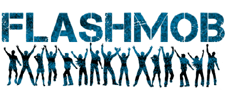 Image thématique pour les « flashmob » : en-dessous du mot, dessin d'une quinzaine de personnes, en ombres, les bras levés, dansant ou sautant.