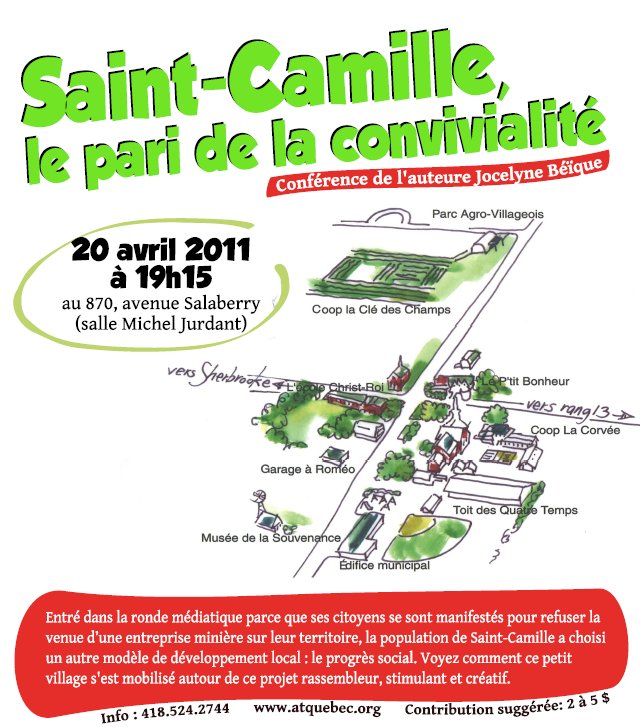 affiche : titre en vert très visible plus: conférence de l'auteure Jocelyne Béïque. Dessin d'une carte sympathique du village dessous.