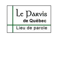 Le Parvis de Québec - Lieu de parole.  Deux lignes vertes traversent tout le logo et se croisent sur le côté gauche.