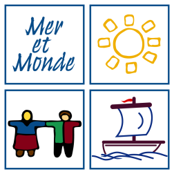 Logo de l'ONG Mer et monde : quatre carré, chacun contenant un petit dessin. 1) Mer et monde ; 2) soleil jaune ; 3) un homme et une femme se tenant par la main. Vêtements colorés. ; 4) petit bateau à voile.