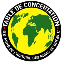 Logo : Table de concertation du Mois de l'histoire des Noirs de Québec. Écrit autour d'un cercle noir. Au milieu, une carte du monde verte sur fond jaune. On voit surtout l'Afrique.
