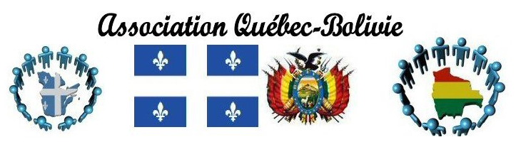 Bannière du site a-q-b.org : drapeau du Québec. Emblême complexe pour la Bolivie : un aigle noir au-dessus d'une peinture ovale d'une montagne; le tout entouré de fanions rouge, jaune et vert. Dessin informatique aussi de bonhommes bleus en cercle autour des deux pays en question (représentés par leur forme géographique respective).