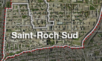 Photo aérienne du quartier : une ligne rouge délimite. Saint-Roch Sud, en lettres blanches dessus.