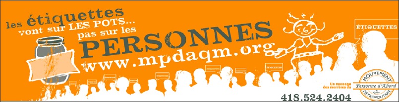 Bannière : Les étiquettes vont sur les pots, pas sur les personnes. Ombre blanche d'une foule de gens dont on discerne les têtes. 418-524-2404.