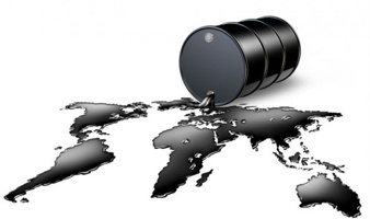 Dessin infographique : du pétrole a coulé d'un baril noir et forme les continents de la Terre.