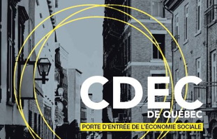 Image avec le logo de la CDEC de Québec. Rue avec immeubles d'habitation en tons de gris. Trois cercles minces de couleur jaune traversent la photo. « Porte d'entrée de l'économie sociale »