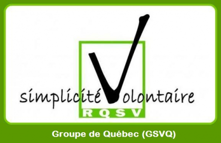 Logo du GSVQ : « Simplicité volontaire », mais le v ressemble à un grand crochet de vote (la marque que les gens ont sur un bulletin de vote). Dans un cadre vert lime.