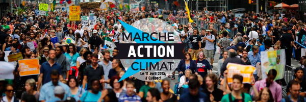 [ Bannière : photo panoramique d'une foule dense, une manifestation énorme vue de face. Des gens tout plein de couleurs, pancartes, etc. Au centre, Marche Action Climat - 11 avril 2015 à Québec.]]