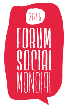 [image : 2016 Forum social mondial, écrit aux traits inégaux couleur rouge rosé dans une bulle de parole.]
