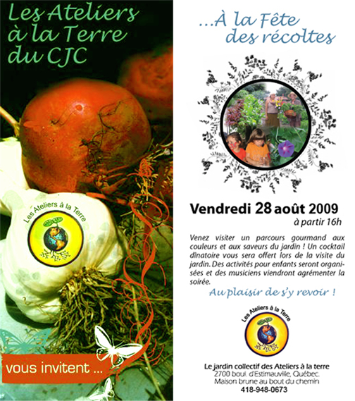 Affiche: image de tomates et autres légumes; bref texte d'invitation; logo des Ateliers de la terre