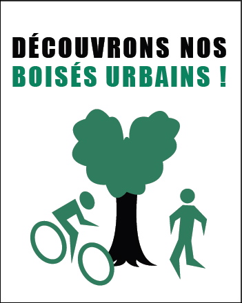 Découvrons nos boisés urbains Image: ombres de vélo, arbre, bonhomme alumette.