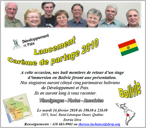 Affiche: on voit les visages de huit personnes souriantes. Le drapeau de la Bolivie. Et les info transcrites ci-dessous.