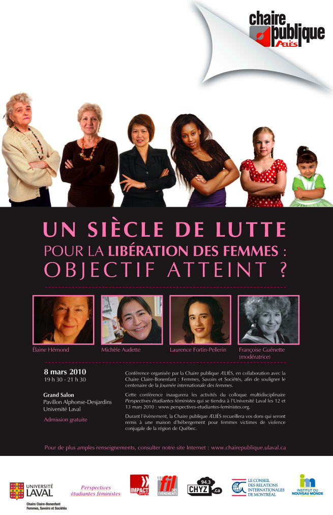 Affiche: six femmes côte-à-côte, de la plus âgée à la plus jeune (enfant), de types différentes (ex: asiatiques, africaines, etc.). Puis les quatre portaits des invités. Fonds noir, textes en rose [transcrit dans cette annonce]