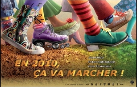 Image thématique de la Marche mondiale
des femmes 2010: des souliers en marche, très variés et colorés
