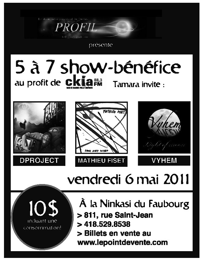 affiche : trois images représentant les groupes de musique : un personnage fuit avec une TV sous son bras BIG FACE - DProject ; des marques de peinture traversent un fond blanc Mathieu Fiset, From Deep Within ; une lune avec lettres stylisées Vyhem