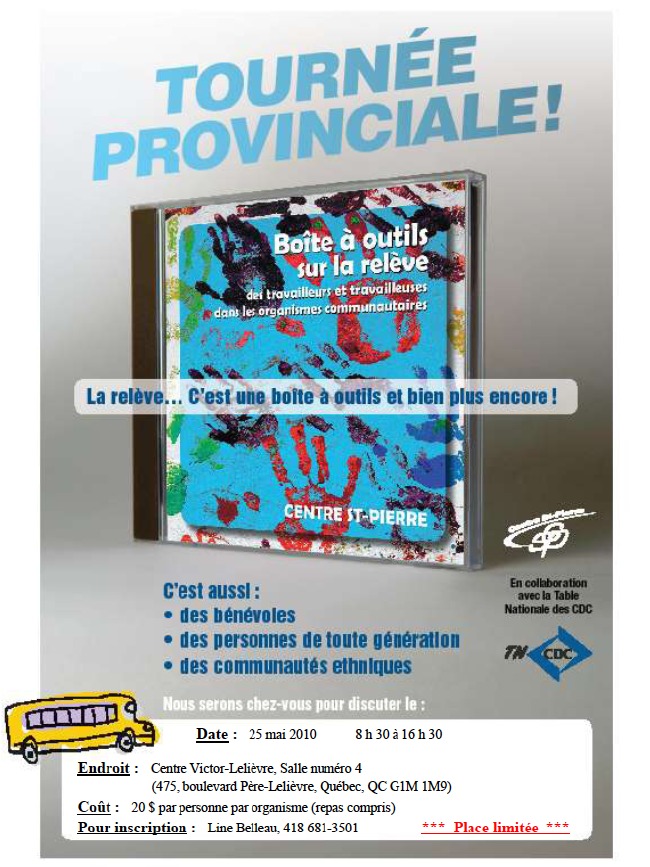 Affiche: Tournée provinciale! Boîte à outils sur la relève des travailleur-euses des organismes communautaires [détails transcrits ci-dessous]