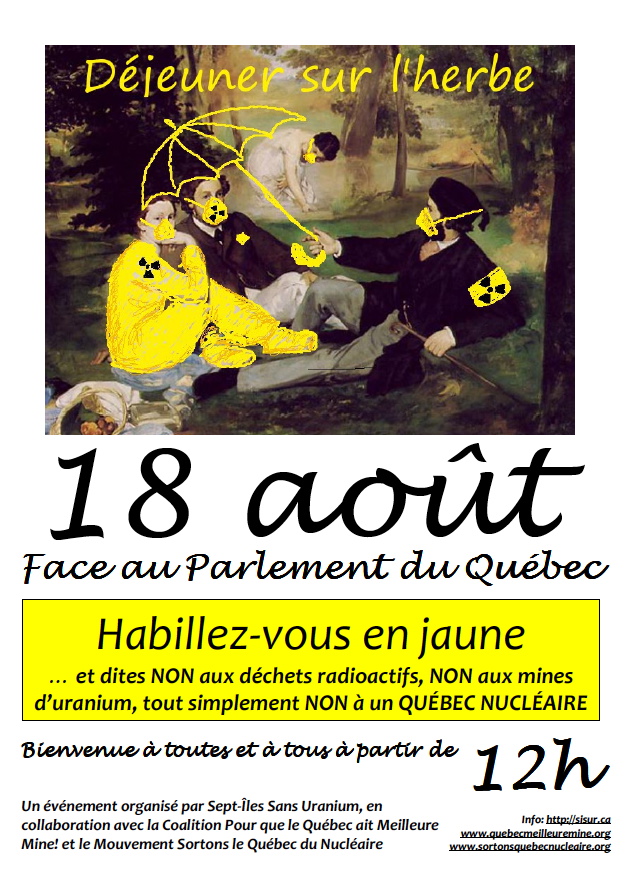 [Texte transcrit ci-dessous] Une peinture de type Renaissance présente des gens assis dans un parc, mais l'image est modifiée par des dessins jaunes vifs ajoutant des masques à gaz sur les visages, arborant des symboles nucléaires.