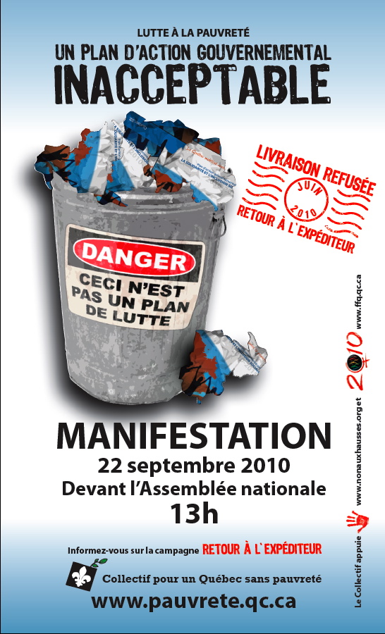 [image - affiche: un plan d'action gouvernemental inacceptable - On voit une poubelle qui déborde et une estampe postale se lisant Livraison refusée, Retour à l'expéditeur. - Info et contact ci-contre.]