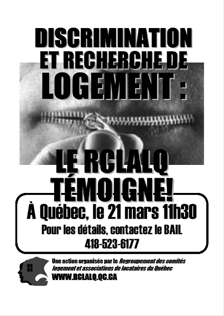 affiche: photo de très d'une bouche remplacée par un zipper. Le RCLALQ témoigne ! Info: 418-523-6177