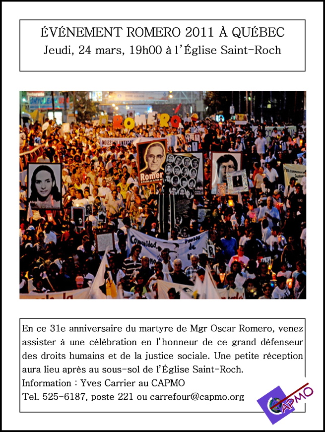 affiche: photo d'une énorme manifestation de gens au Salvador portant des posters de divers héros, dont Oscar Romero.