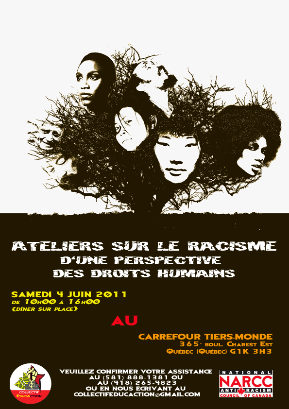 Affiche : beau dessin de visages qui jaillisent d'un grand arbre. Au bas, logo Collectif ÉducAction et logo National antiracism council of Canada