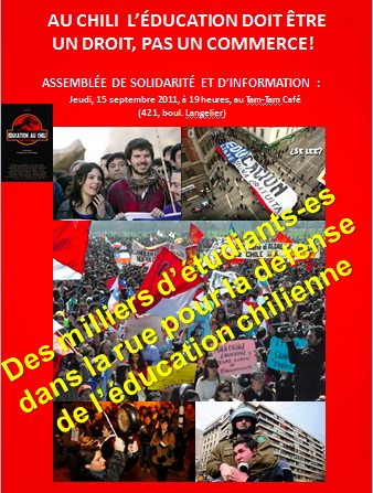 affiche: Au Chili, l'éducation doit être un droit, pas un commerce! 6 photos des manif chiliennes - Des milliers d'étudiant-es dans la rue pour la défense de l'éducation chilienne.