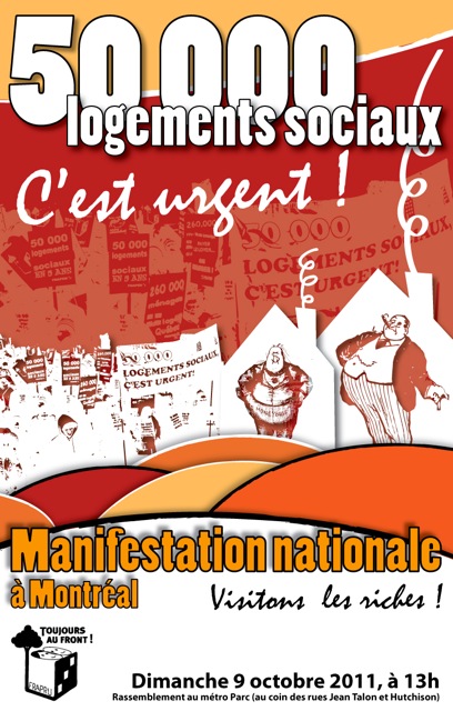 affiche: dessin rouge sur fonds blanc de gros bonhommes en habit classique, fumant le cigar, devant des maisons. À leur gauche, forme d'une foule portant une banderole Logements sociaux c'est urgent! - Au bas: Visitons le riches