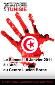 affiche: une main rouge, un peu brisée, avec le symbole de la Tunisie dans sa paume. Manif contre les massacres en Tunisie.