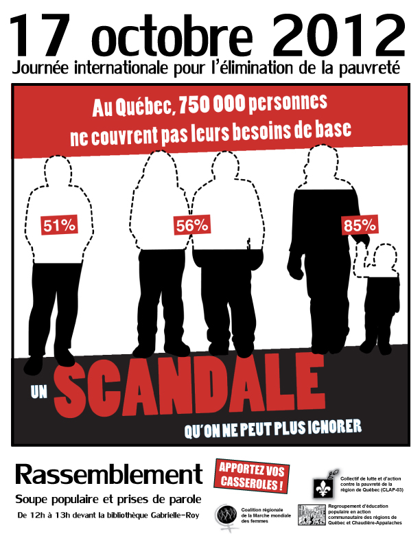 [affiche] Au Québec, 750,000 personnes ne couvrent pas leurs besoins de base. Contours lignés de formes humaines: homme 51% ; couple 56% femme avec enfant 85%. Un scandale qu'on ne peut ignorer. Logos du Collectif local contre la pauvreté, de la Coalition régionale de la Marche mondiale des femmes et du RÉPAC 03-12.