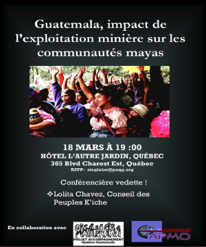 Affiche : photo de femmes mayas, chacune la main levée comme pour un vote à main levée. Guatemala, impact de l'exploitation minière sur les communautés mayas