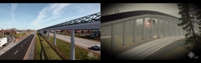 Deux photos tirées du reportage: le train suspendu naviguant le long d'autoroutes entre les régions du Québec