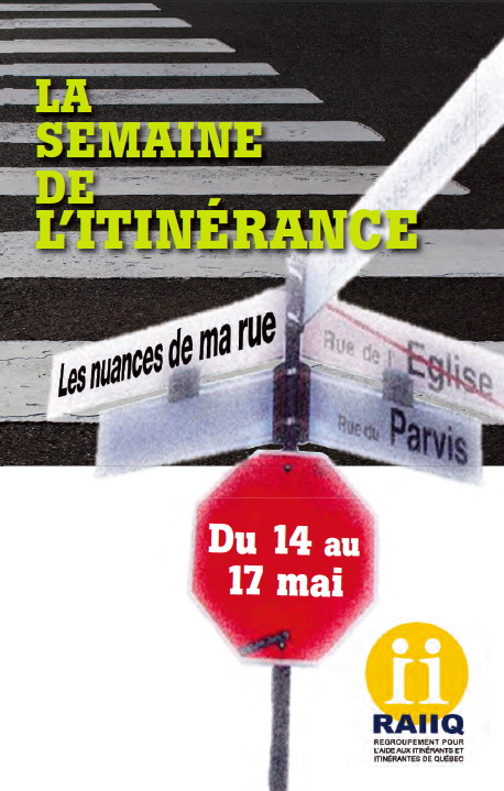 Symboles de l'affiche : sur fonds d'une traversée piétonnière, un Arrêt Stop surmonté des noms de rues: Les nuances de ma rue - Rue de l'Église - Rue du Parvis. Logo du RAIIQ: deux i dans un cercle jaune. Ce ii ressemble donc à deux bonhommes face à face.